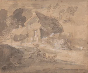 Paesaggio aperto con figure, mucche e cottage